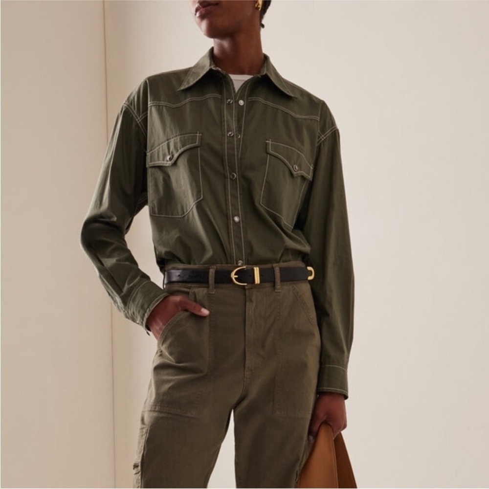 TWP Dutton Oversized Stretch Cotton Poplin Western Shirt  Olive